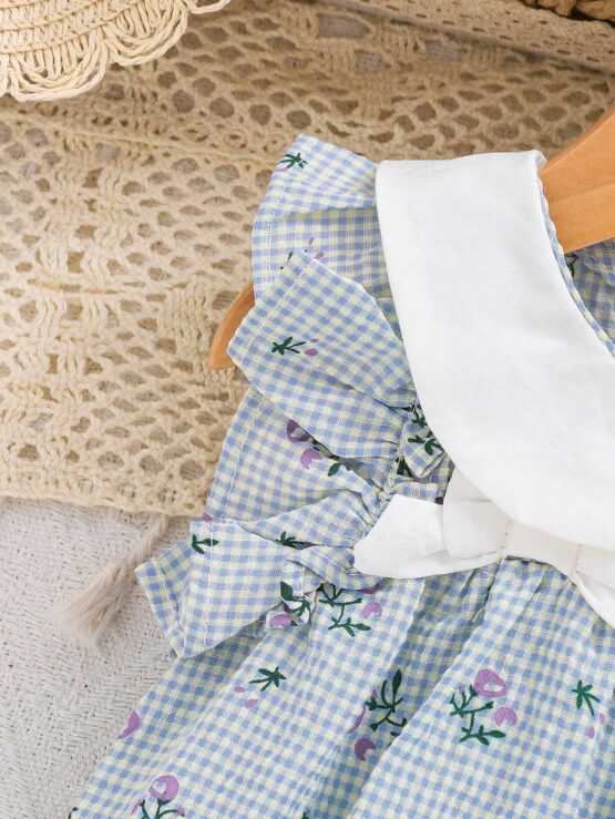 Baby Girl Color Block Doll Collar Short Puff Floral Sleeve Dress With Bow Decoration - Image 2