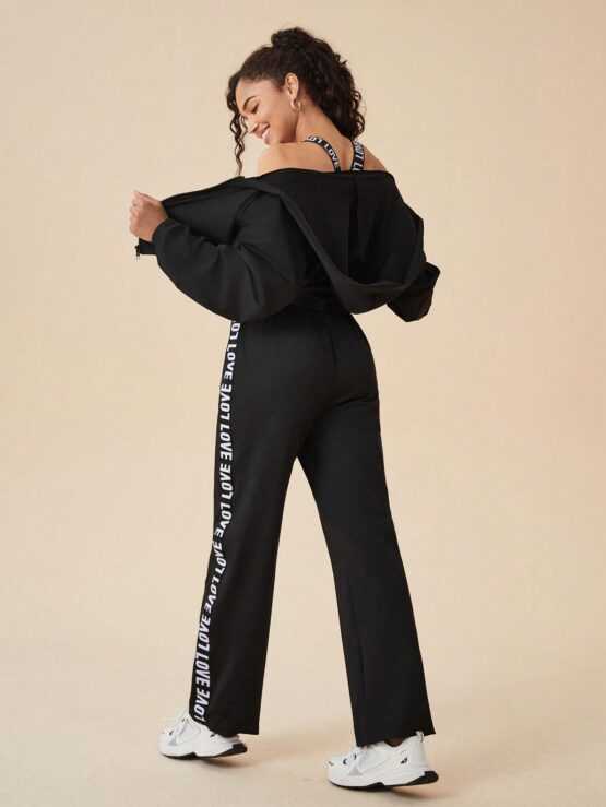 Daily & Casual Women's Letter Print Strap Sleeveless Top Jogger Pants and Zipper Up Hooded Jacket Sports Set - Image 2