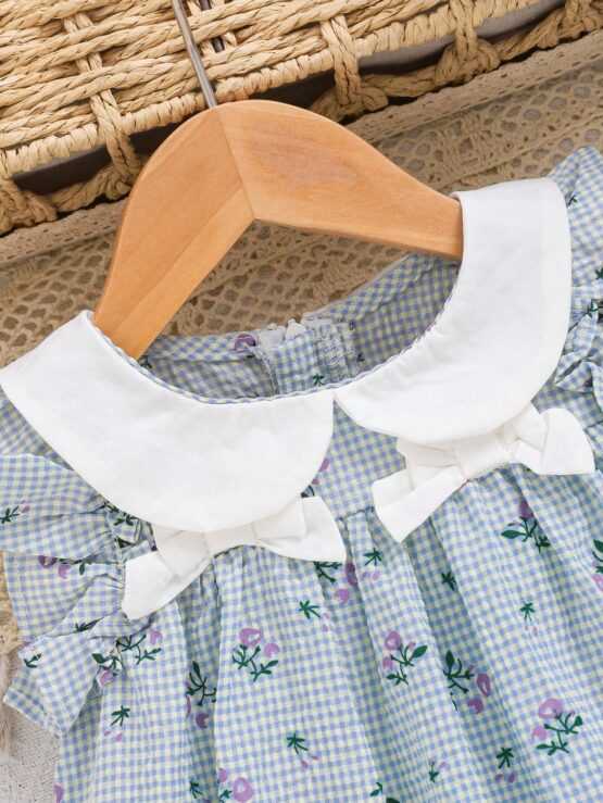 Baby Girl Color Block Doll Collar Short Puff Floral Sleeve Dress With Bow Decoration - Image 3