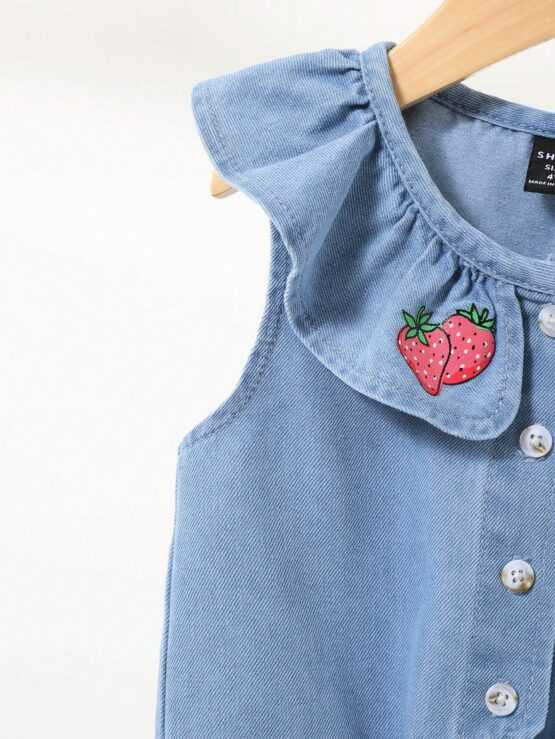Young Girls' Cute Strawberry Doll Collar Denim Front Blouse - Image 3
