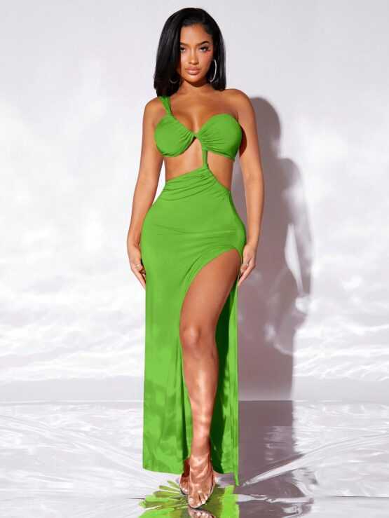 One Shoulder Cut Out Split Thigh Dress