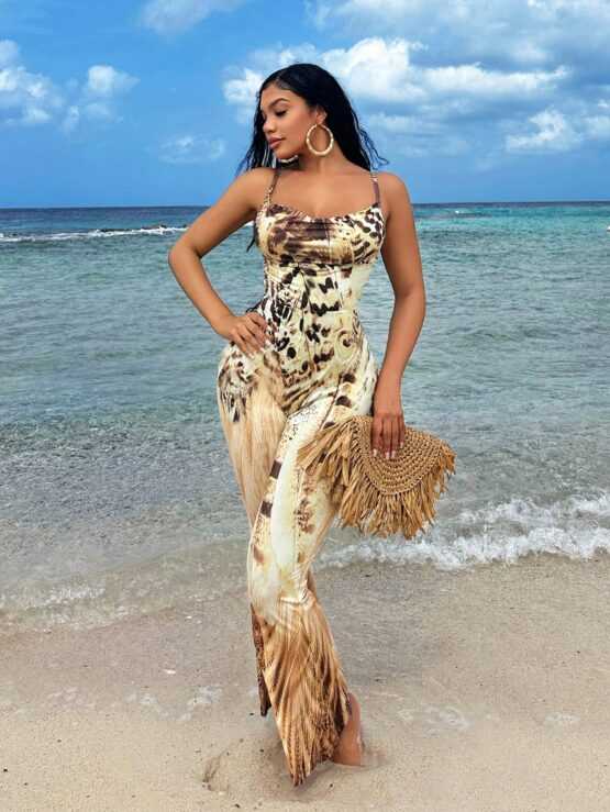Long Beach Spring Sexy Leopard Print Front Jumpsuit
