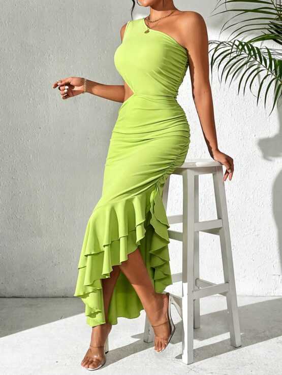 Women's One Shoulder Sleeveless Hollow Out Waist Ruffle Hem Dress - Image 2