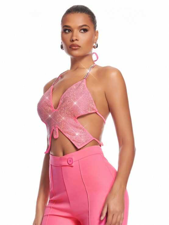 BAE Delicate Rhinestone Embellished Butterfly Shaped Backless Halter Top With Bow Tie - Image 3