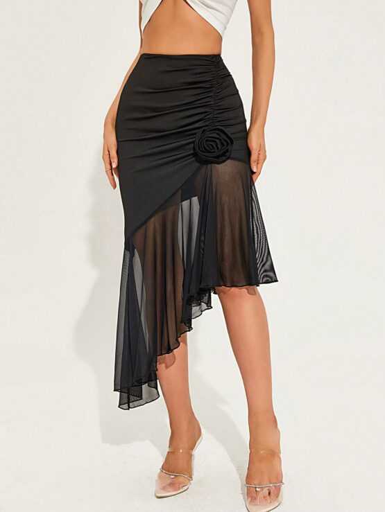 3D Rosette Ruched Contrast Mesh Asymmetrical Hem Skirt
