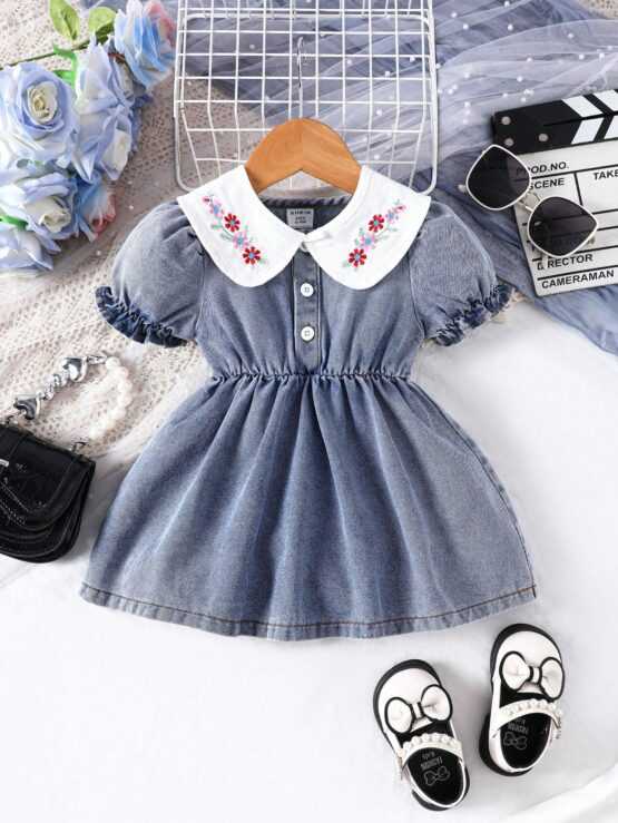 Baby Girl Flower Embroidered Bubble Half Placket Button Sleeve Dress