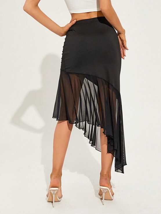 3D Rosette Ruched Contrast Mesh Asymmetrical Hem Skirt - Image 2