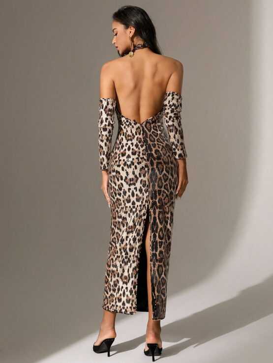 BAE Leopard Print Sparkly Cross Back Hollow Out High Slit Halter Neck Dress - Image 2