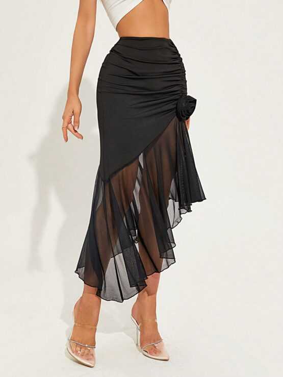 3D Rosette Ruched Contrast Mesh Asymmetrical Hem Skirt - Image 3