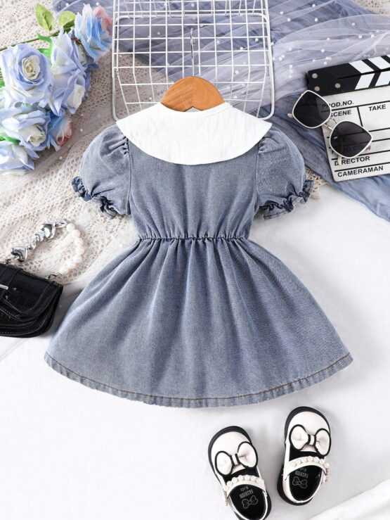 Baby Girl Flower Embroidered Bubble Half Placket Button Sleeve Dress - Image 3