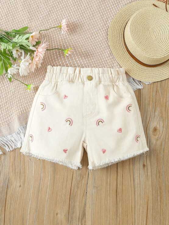Young Girl Heart & Rainbow Embroidery Denim Shorts