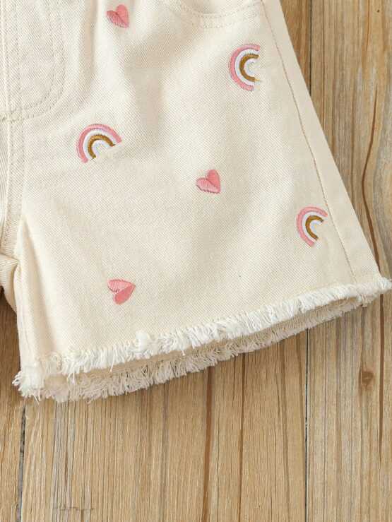 Young Girl Heart & Rainbow Embroidery Denim Shorts - Image 3