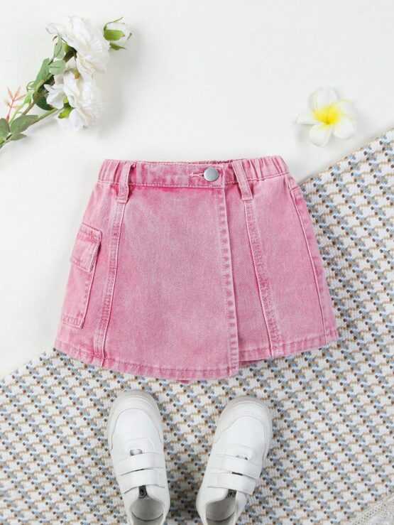 Young Girl Solid Color Denim Shorts With Pockets