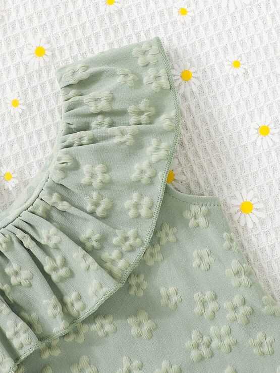 Baby Girl Floral Jacquard Ruffle Trim Bow Shoulder Dress - Image 2