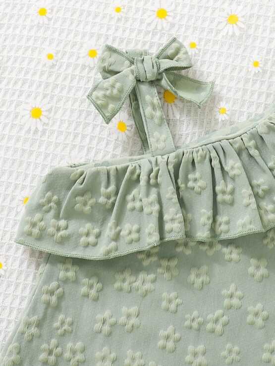 Baby Girl Floral Jacquard Ruffle Trim Bow Shoulder Dress - Image 3