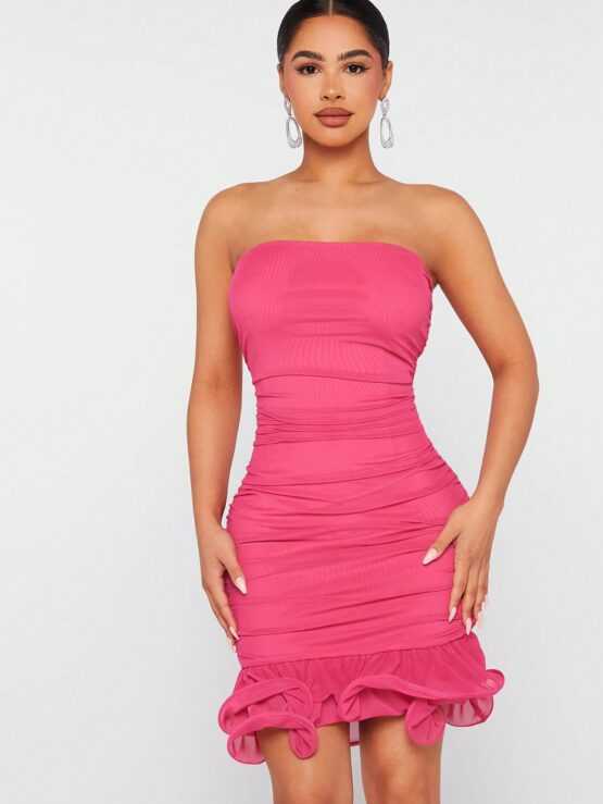 Haute Ruched Ruffle Hem Tube Bodycon Dress