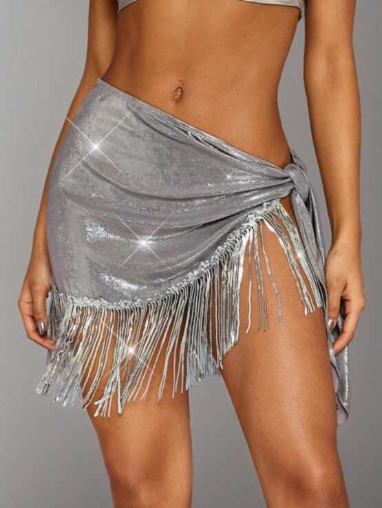 BAE Wrapped Sequined Tassel Wrap Skirt With Bowknot