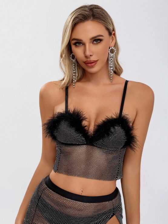 BAE Fuzzy Trim Rhinestone Detail Cami Top