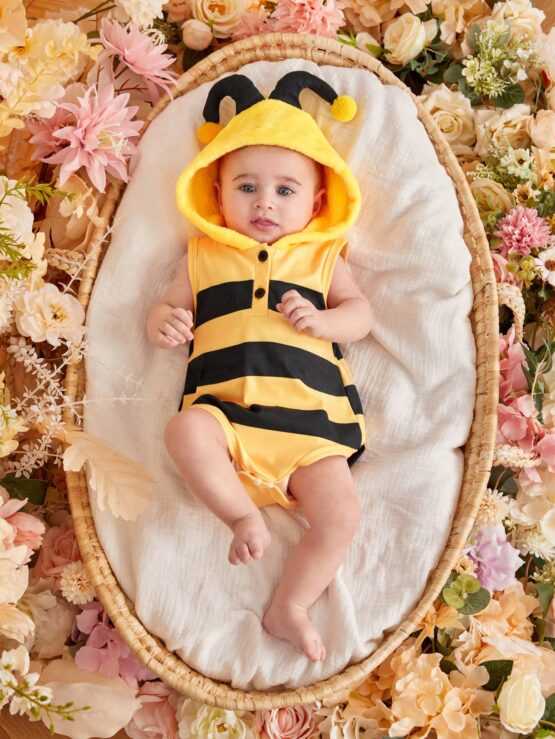 Baby Girls' Bee Shaped Hooded Color Block Romper
