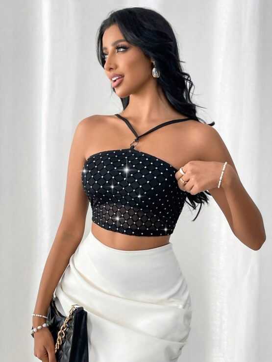 Women's Glittering Diamond Mesh Elegant Sexy Halter Neck Crop Top