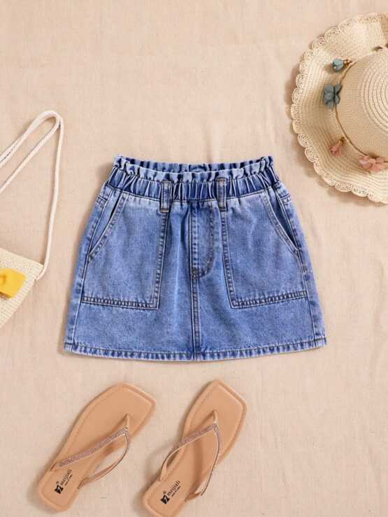 Tween Girls' Boho Stonewashed Elastic Waist Slant Pocket Short Denim Skirt