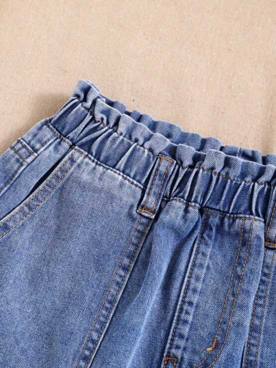 Tween Girls' Boho Stonewashed Elastic Waist Slant Pocket Short Denim Skirt - Image 2