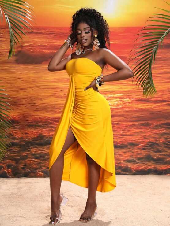 Women's Vacation Strapless High Low Hem Dress - Image 3
