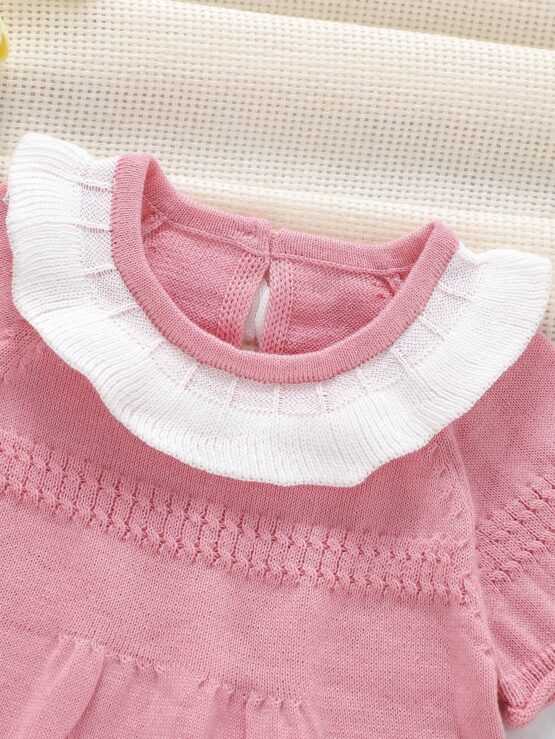 Baby Girls' Short Sleeve Sweater Dress With Floral Embroidery And Round Neckline - Image 3