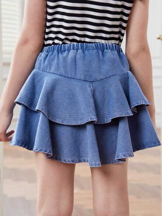 Tween Girls' Water Washed Casual Fashion School Style Double Layer Ruffles Hem Denim Skirt - Image 3