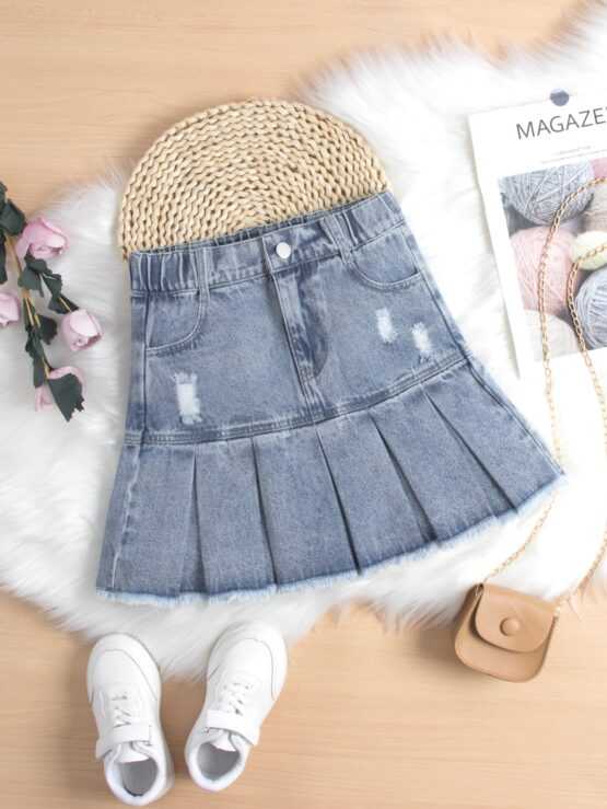 Tween Girl Ripped Pleated Raw Hem Denim Skirt