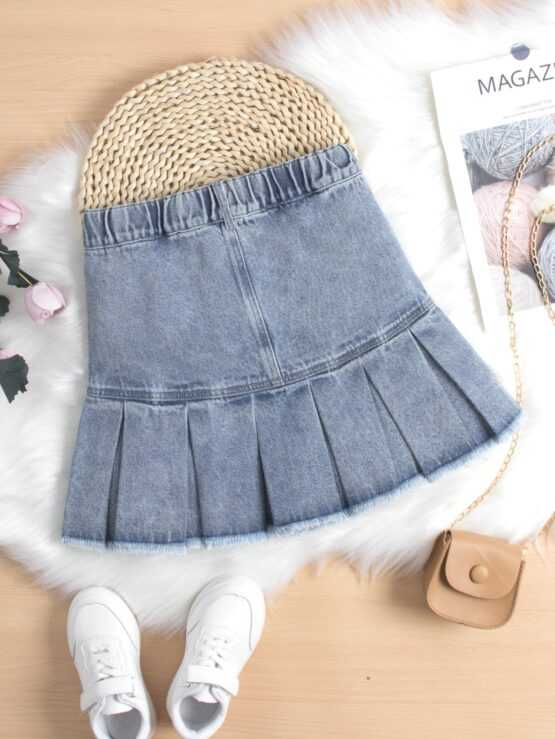 Tween Girl Ripped Pleated Raw Hem Denim Skirt - Image 3