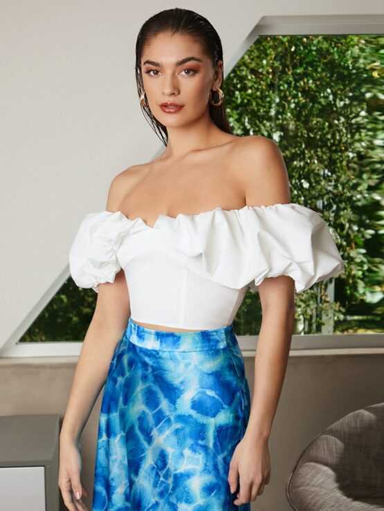 Off Shoulder Ruffle Trim Puff Sleeve Crop Top
