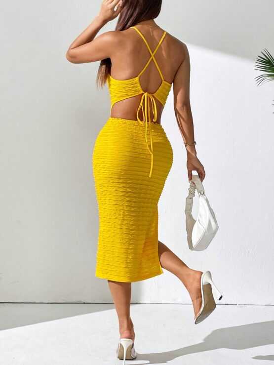 Women's Solid Color Textured Midi Dress With Side Slit And Spaghetti Straps - Image 2
