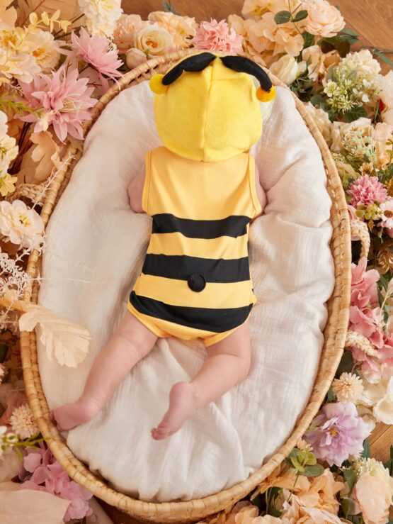 Baby Girls' Bee Shaped Hooded Color Block Romper - Image 2