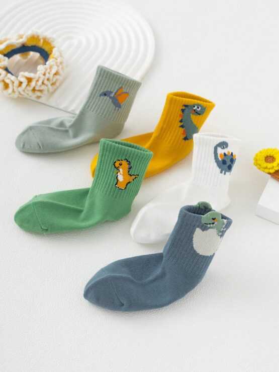 Five Pairs Boys' Cute Dinosaur Design Fashionable Mid-calf Graphic Socks - Image 2