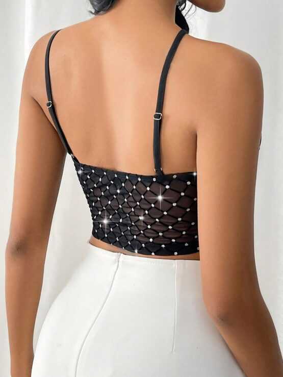 Women's Glittering Diamond Mesh Elegant Sexy Halter Neck Crop Top - Image 2