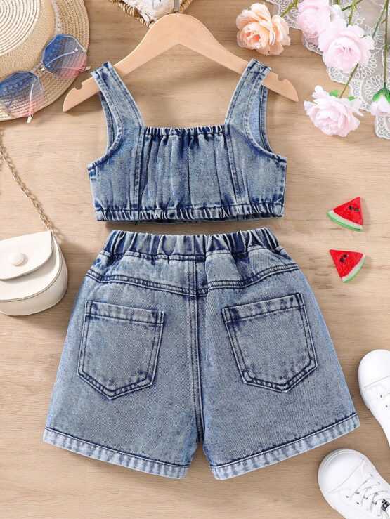 Young Girl Watermelon Print Denim Tank Top & Shorts Set - Image 2
