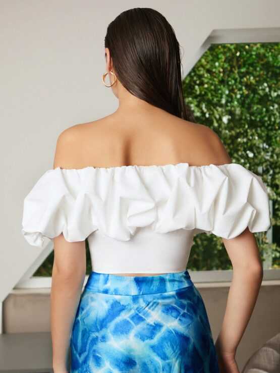 Off Shoulder Ruffle Trim Puff Sleeve Crop Top - Image 2