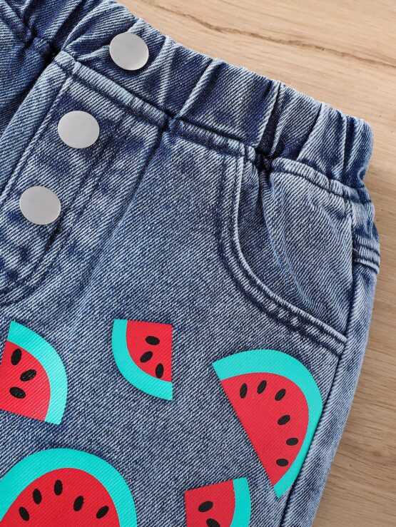 Young Girl Watermelon Print Denim Tank Top & Shorts Set - Image 3