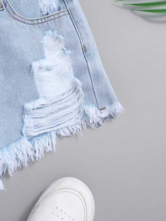 Tween Girls Boho Ripped Raw Hem Jeans Denim Shorts - Image 2