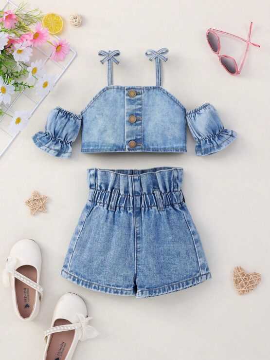 Toddler Girls" Fashionable Off Shoulder Denim Top and Shorts Set