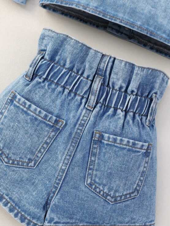 Toddler Girls" Fashionable Off Shoulder Denim Top and Shorts Set - Image 2