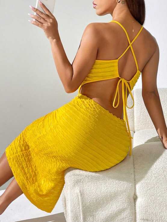 Women's Solid Color Textured Midi Dress With Side Slit And Spaghetti Straps - Image 3
