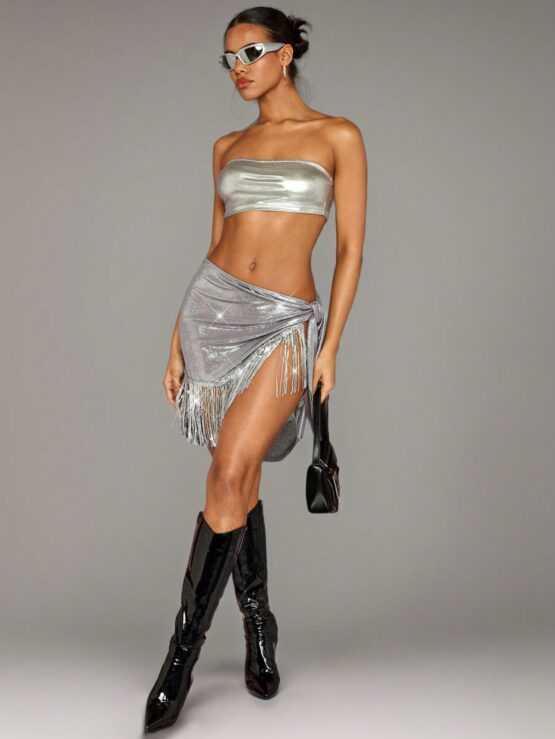 BAE Wrapped Sequined Tassel Wrap Skirt With Bowknot - Image 3
