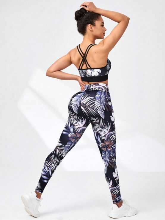 Yoga Trendy Women's Plant Printed Sports Set With Tank Top And Backpack Straps - Image 3