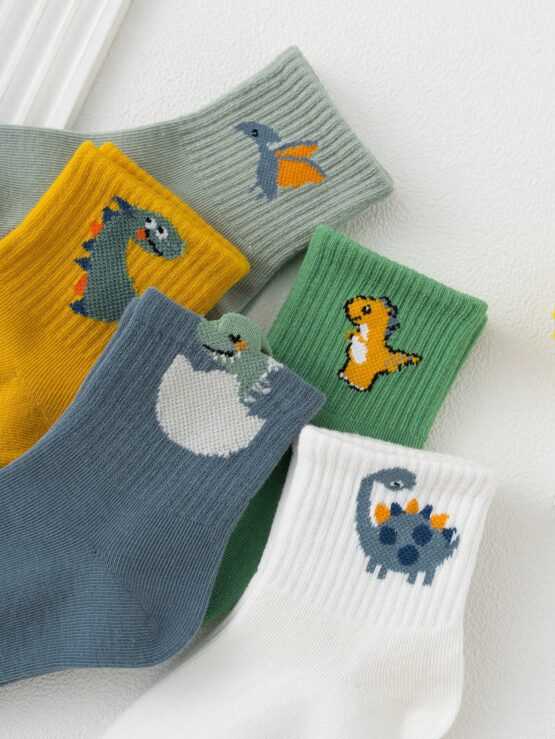 Five Pairs Boys' Cute Dinosaur Design Fashionable Mid-calf Graphic Socks - Image 3