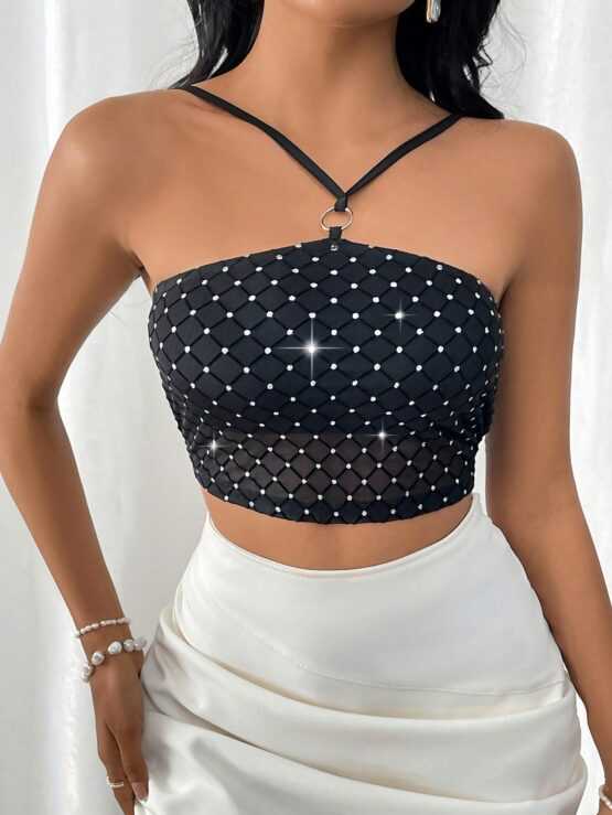 Women's Glittering Diamond Mesh Elegant Sexy Halter Neck Crop Top - Image 3
