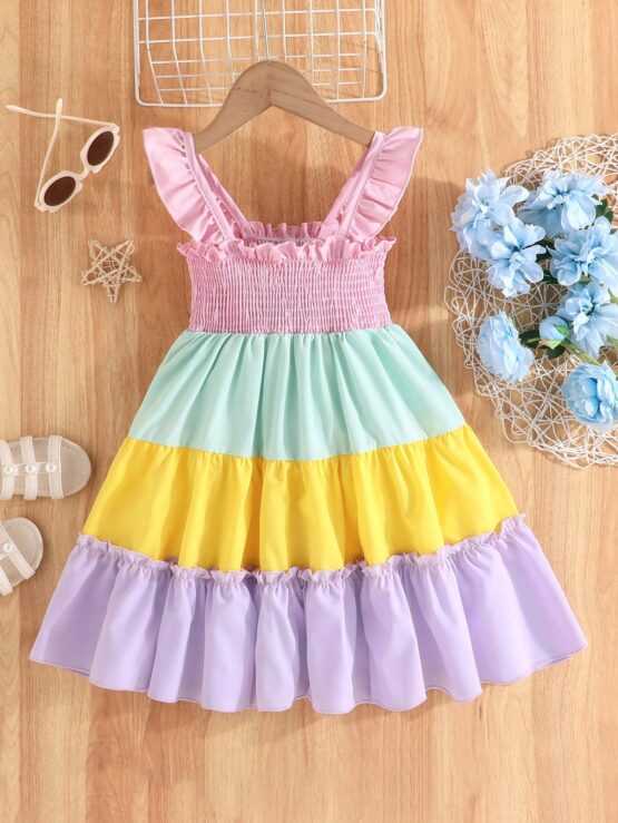 Young Girls' Summer Casual Vacation Style Cami Dress With Contrast Color Cap Sleeves Ruffled Hem