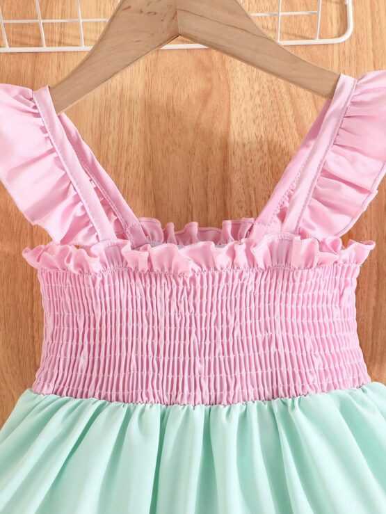 Young Girls' Summer Casual Vacation Style Cami Dress With Contrast Color Cap Sleeves Ruffled Hem - Image 2