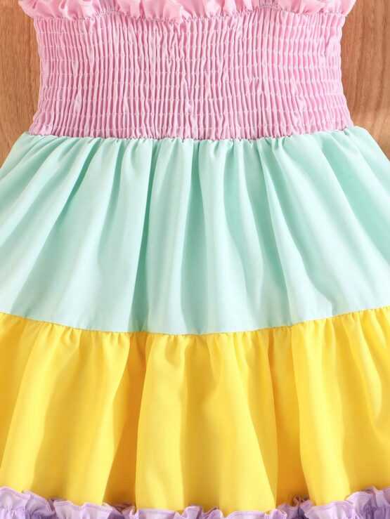 Young Girls' Summer Casual Vacation Style Cami Dress With Contrast Color Cap Sleeves Ruffled Hem - Image 3